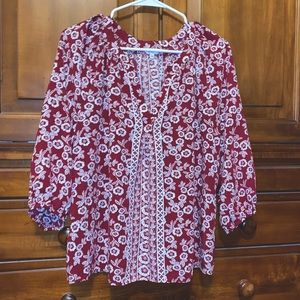 Crown & Ivy 3/4 Sleeve Red & White Floral V-neck Blouse